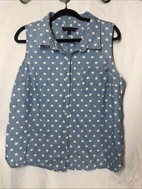 Tommy Hilfiger Sleeveless Blue Polka Dot Button-Down Top